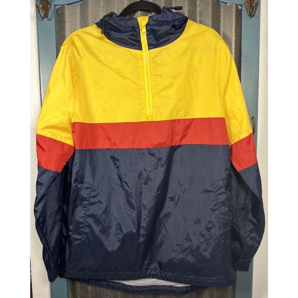 FBRK Windbreaker Hoodie Anorak Rain Jacket 1/2 Zip Navy Yellow Red Medium